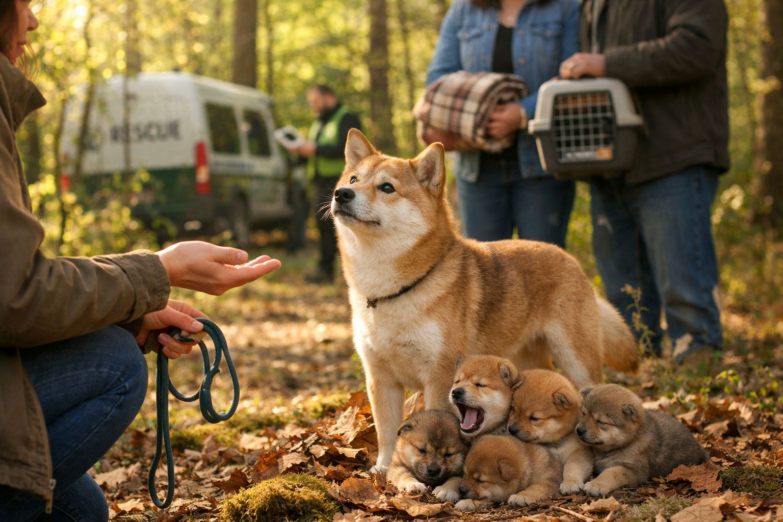 Cão adulto com cinco cachorros ao colo em floresta, resgate animal com pessoas ao fundo.
