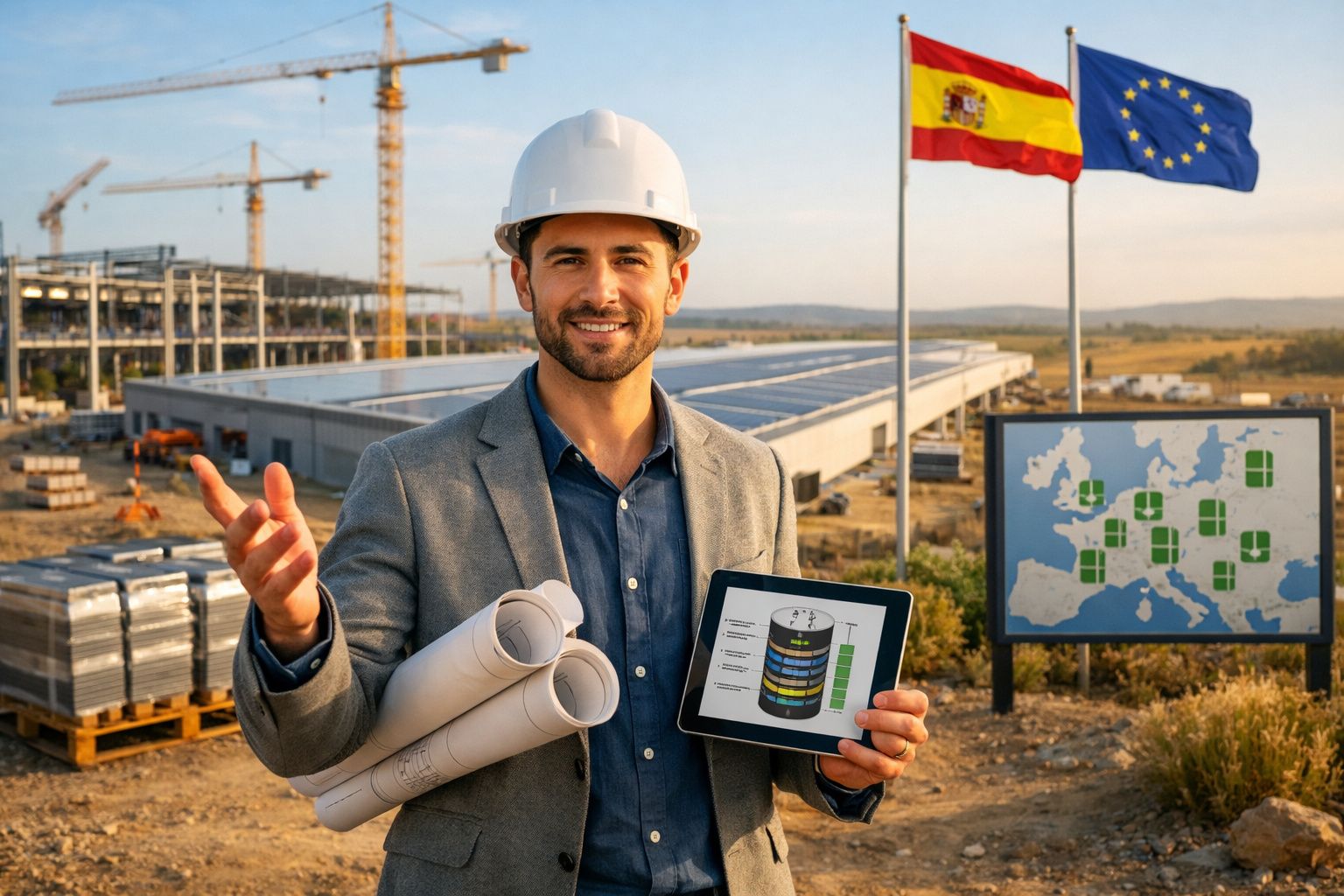 Engenheiro com capacete branco segura plantas e tablet com gráfico, ao fundo obra, bandeiras da Espanha e UE, mapa da Europa.