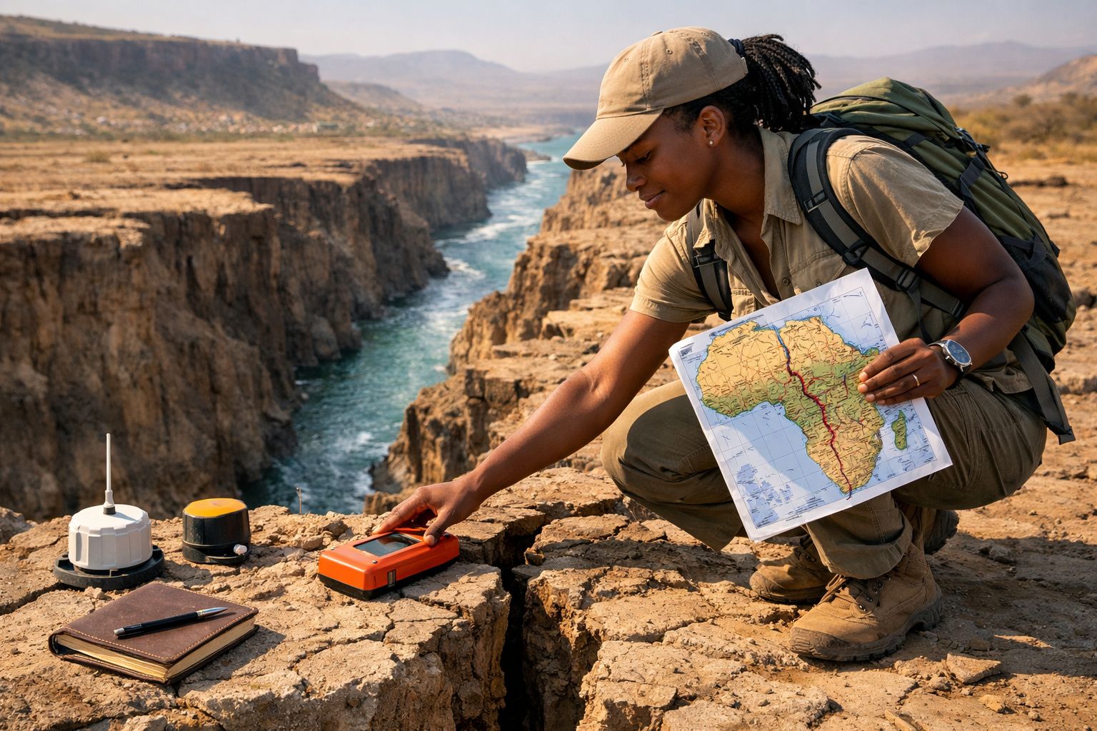 Mulher com mochila e chapéu a usar equipamento de medição junto a uma ravina com mapa da África na mão.
