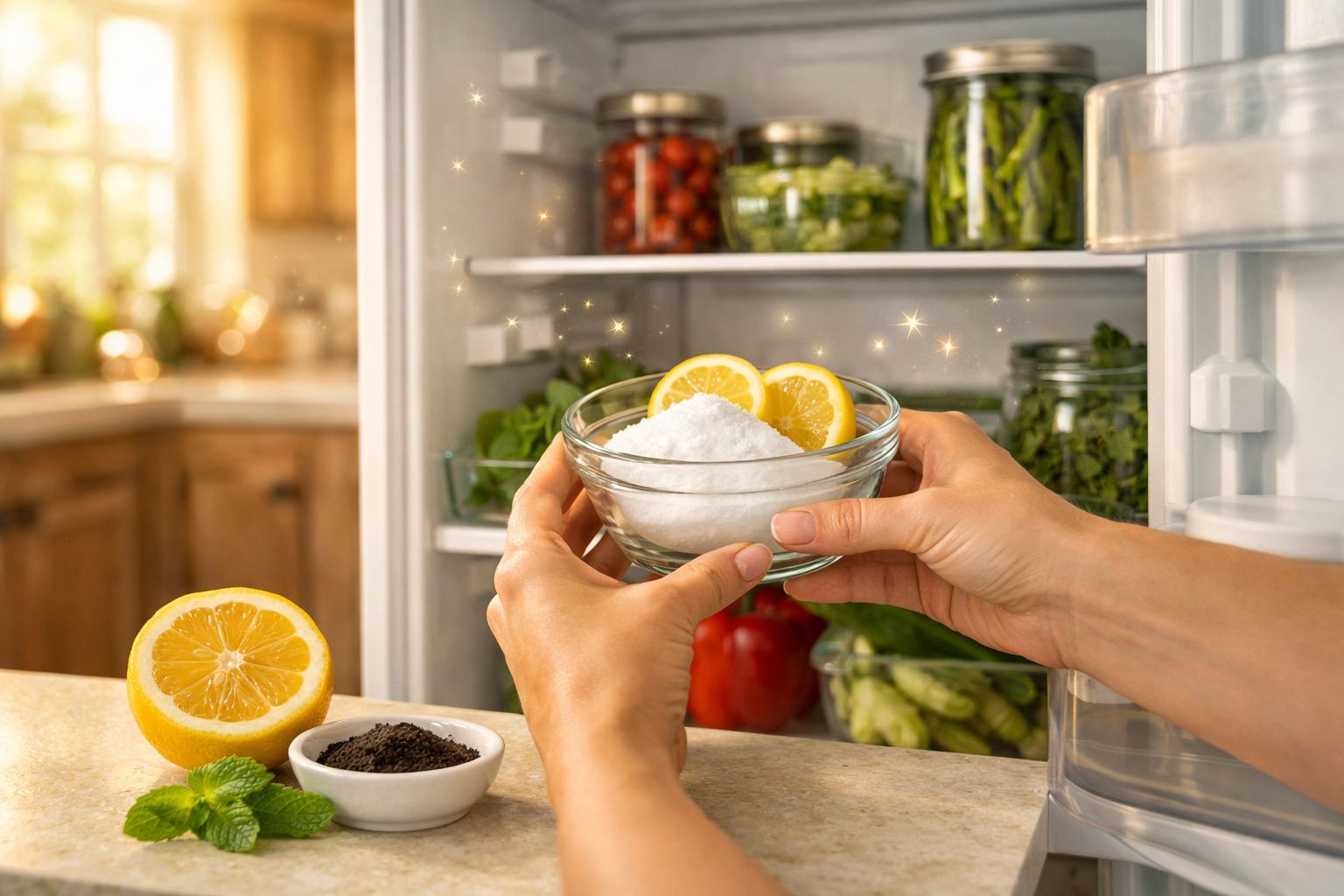Mãos seguram taça com bicarbonato e rodelas de limão à frente de frigorífico aberto com legumes e ervas.