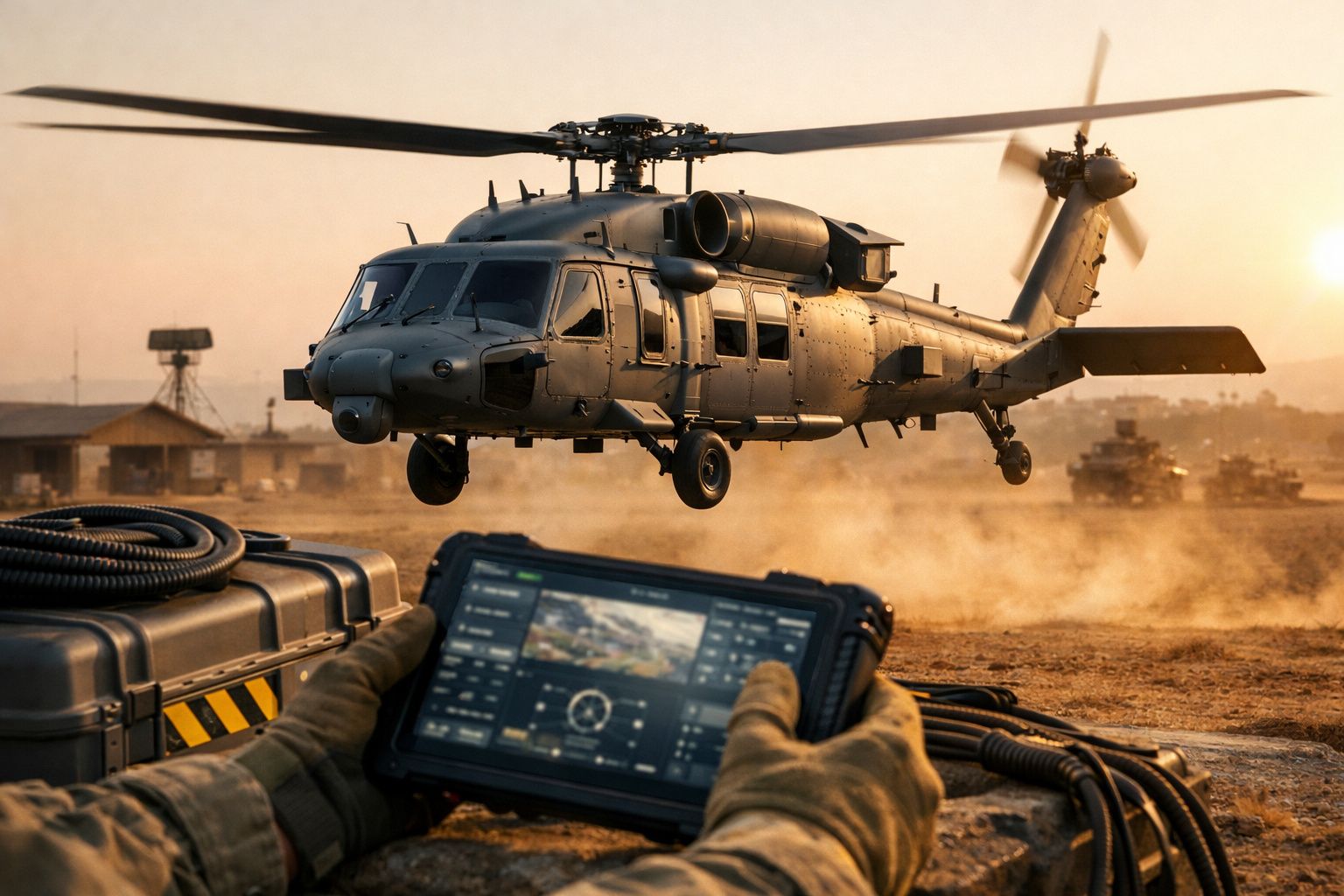 Helicóptero militar a descolar com controlador remoto nas mãos em ambiente desértico ao pôr-do-sol.