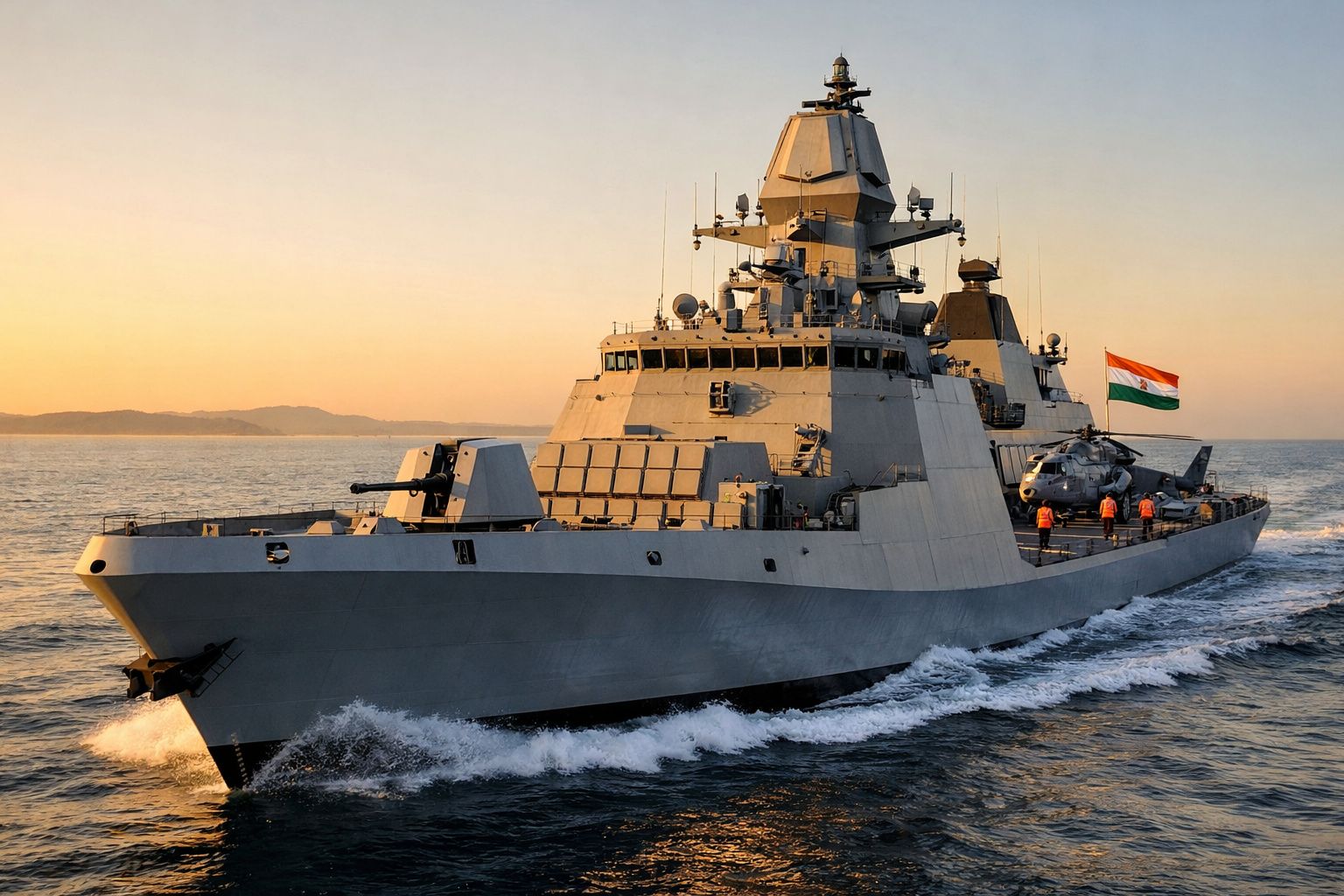 Navio de guerra militar em mar calmo ao pôr do sol com tripulação e helicóptero a bordo.