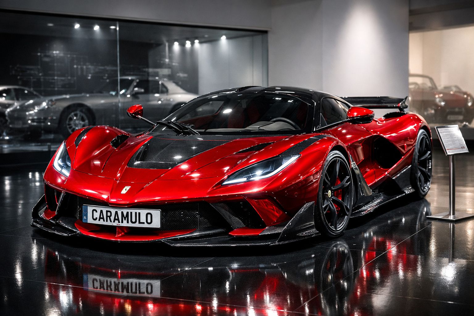 Carro desportivo vermelho com detalhes em preto num salão de automóveis com iluminação moderna.