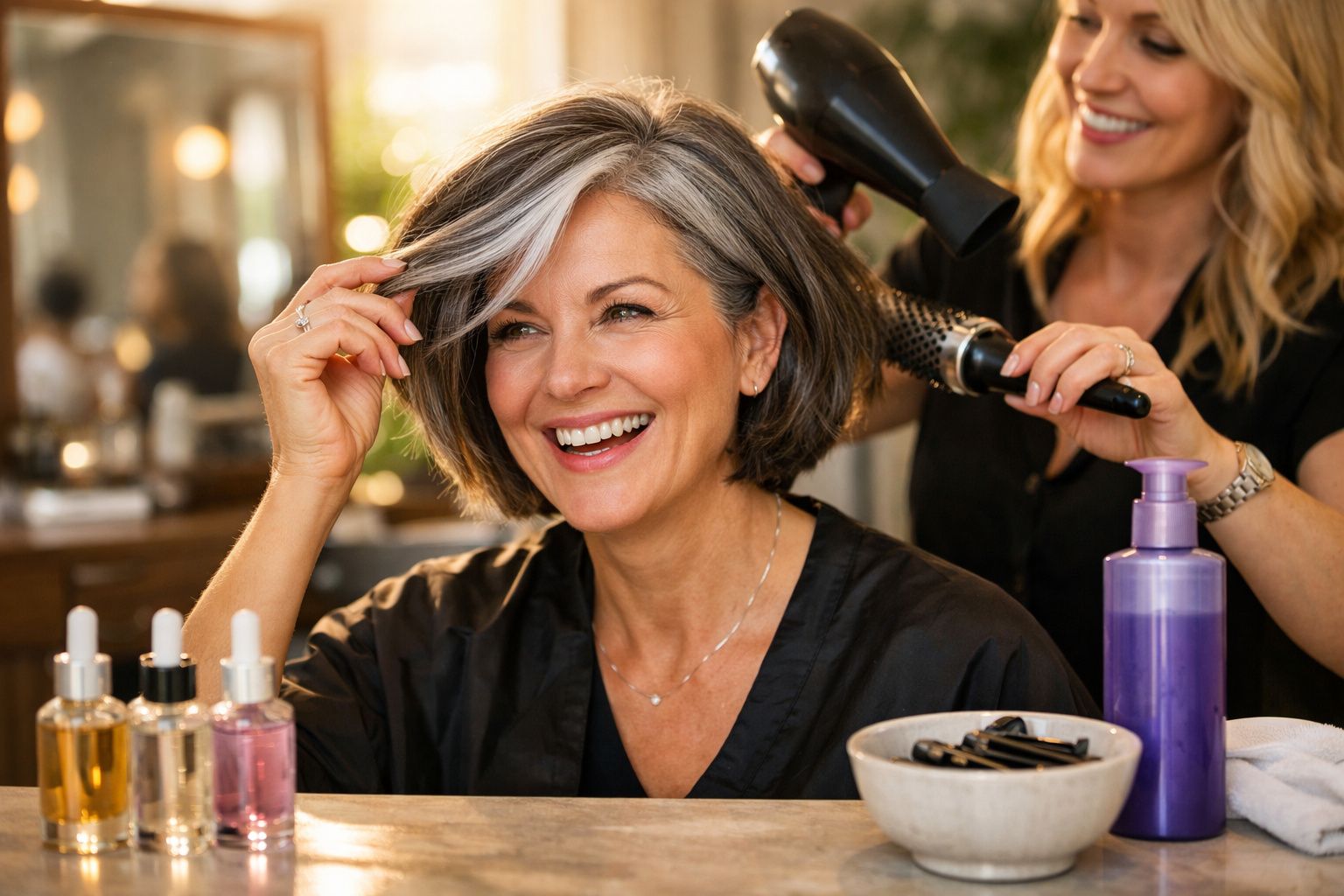 Mulher sorridente com cabelo curto e grisalho a ser penteada num salão de beleza.