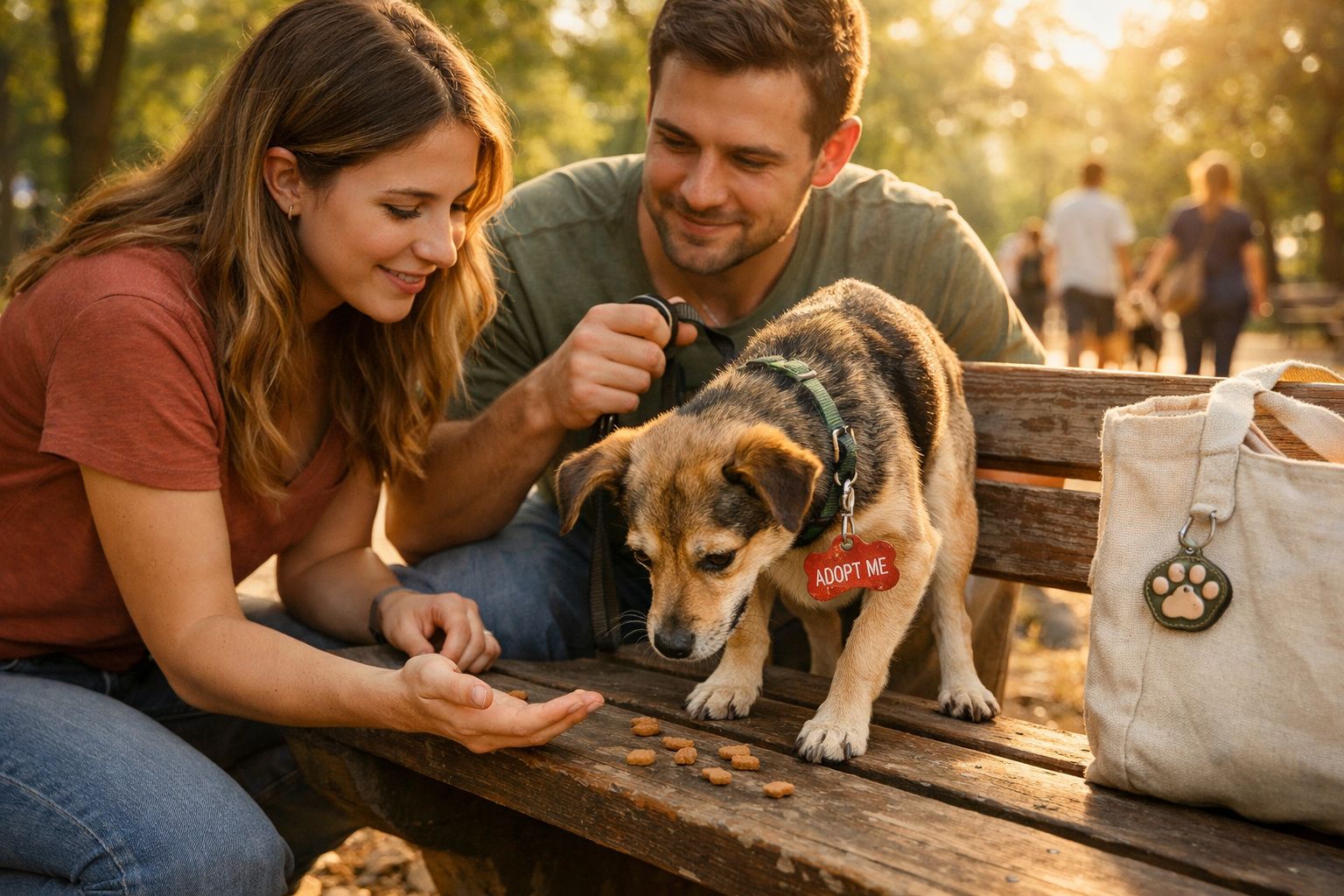 Casal alimentar cão com coleira e placa "Adopt Me" num banco de parque, ao entardecer.