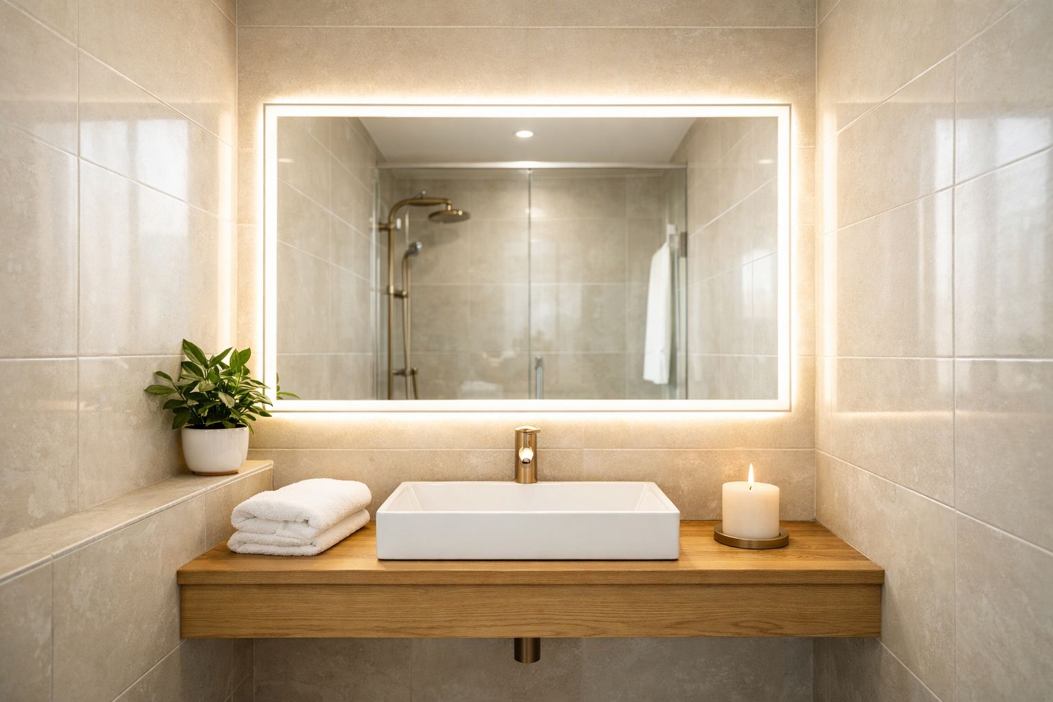 Casa de banho moderna com lavatório quadrado, espelho iluminado, vela e toalhas brancas.