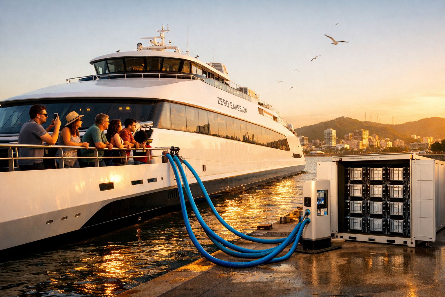 Barco Branco de Emissão Zero a ser carregado com cabos azuis num porto ao pôr do sol com pessoas a observar.