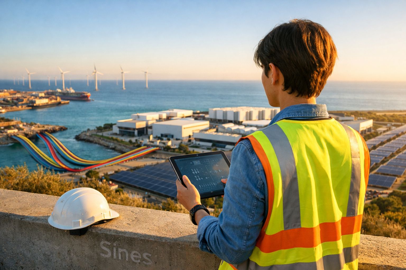 Engenheiro com colete refletor analisa plano digital com parque industrial, turbinas eólicas e painéis solares ao fundo.
