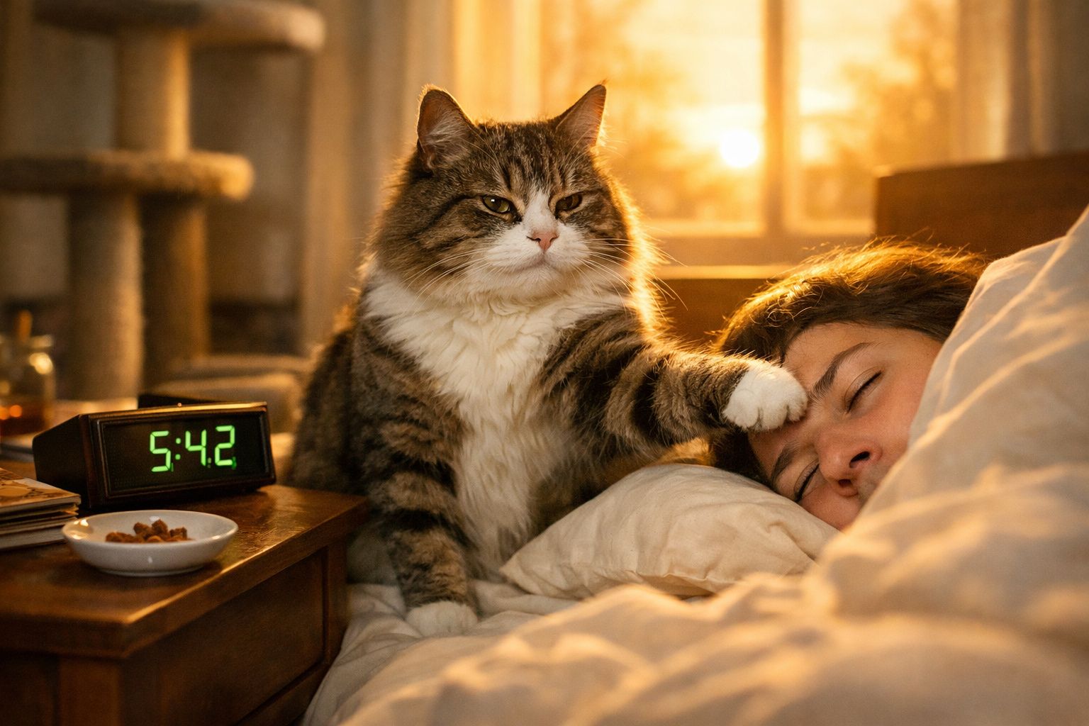 Gato aconchegado despertando uma pessoa na cama ao amanhecer com sol de fundo e relógio marcando 5:42.