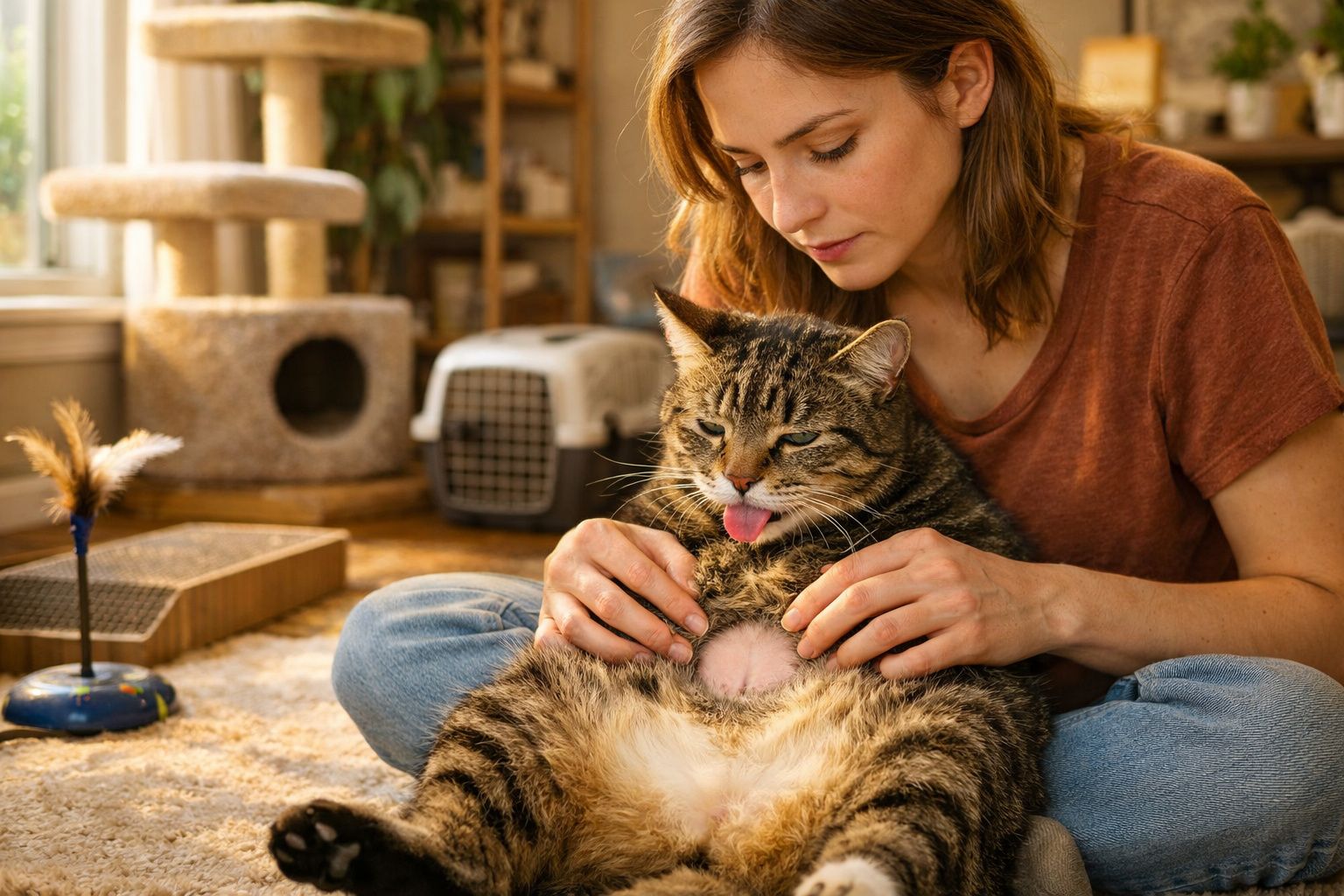 Mulher acaricia gato grande com pelo às riscas sentado no colo num ambiente doméstico acolhedor.