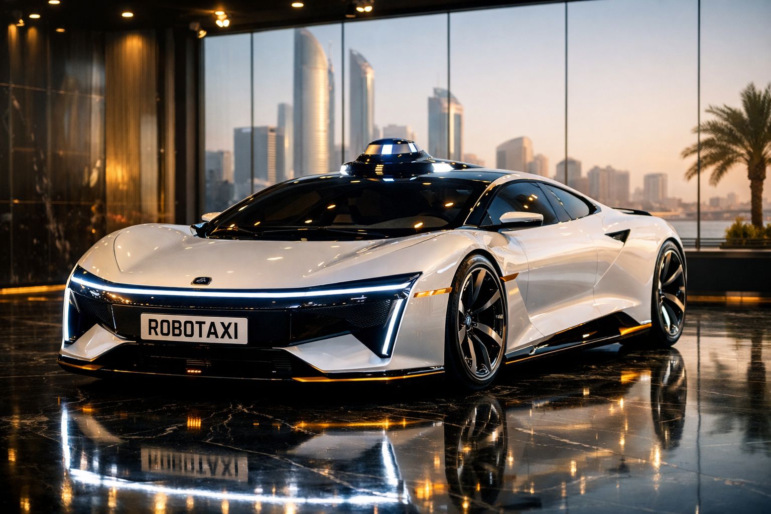 Carro desportivo futurista branco com tecnologia de robotáxi em área urbana moderna ao pôr do sol.