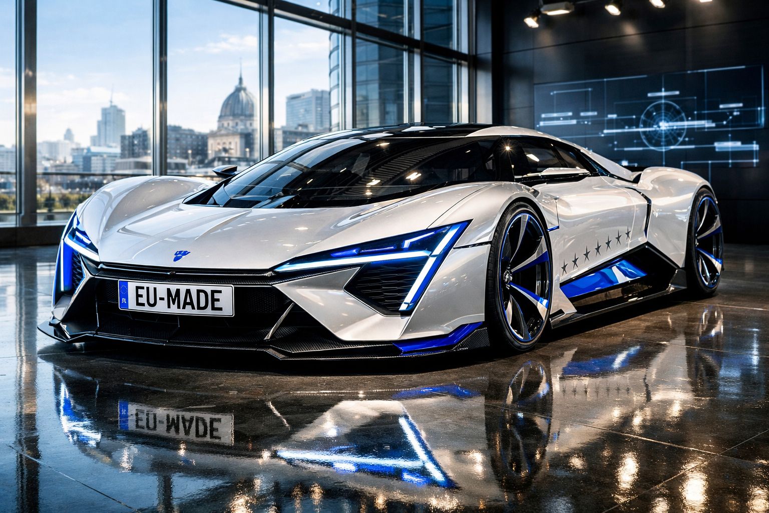 Carro desportivo elétrico branco com detalhes azuis e faróis LED, estacionado em piso polido num edifício moderno.