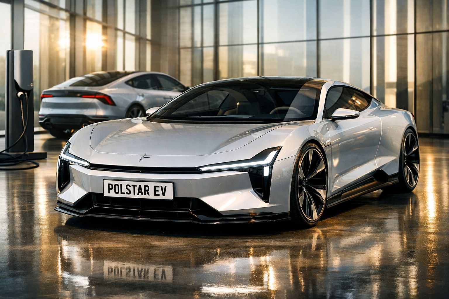 Carro elétrico Polestar EV prata em destaque num espaço interior moderno com piso refletor.