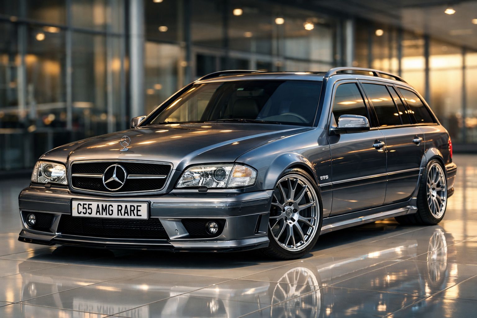 Mercedes-Benz C55 AMG station wagon cinzento metálico, estacionado em interior moderno com iluminação quente.