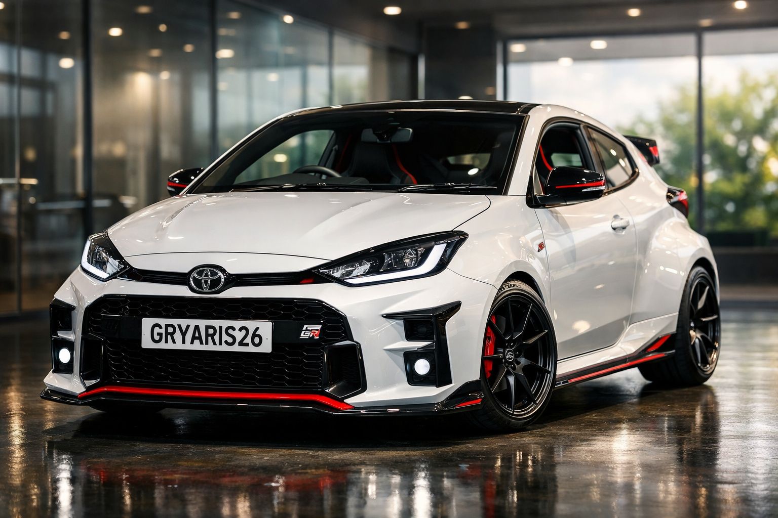 Toyota GR Yaris branco com detalhes pretos e vermelhos estacionado em piso refletor.