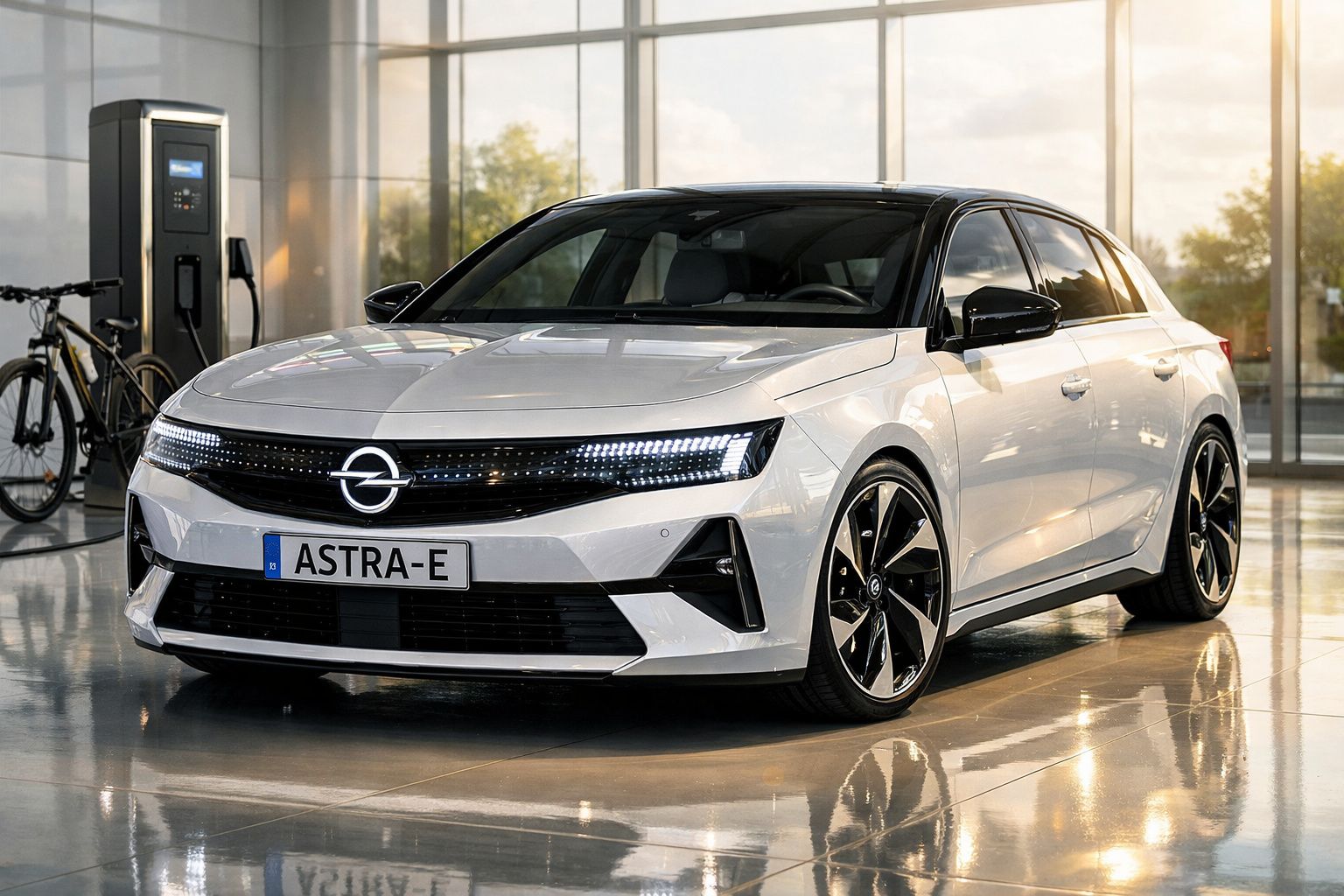 Carro elétrico Opel Astra-E branco estacionado junto a posto de carregamento num interior moderno.