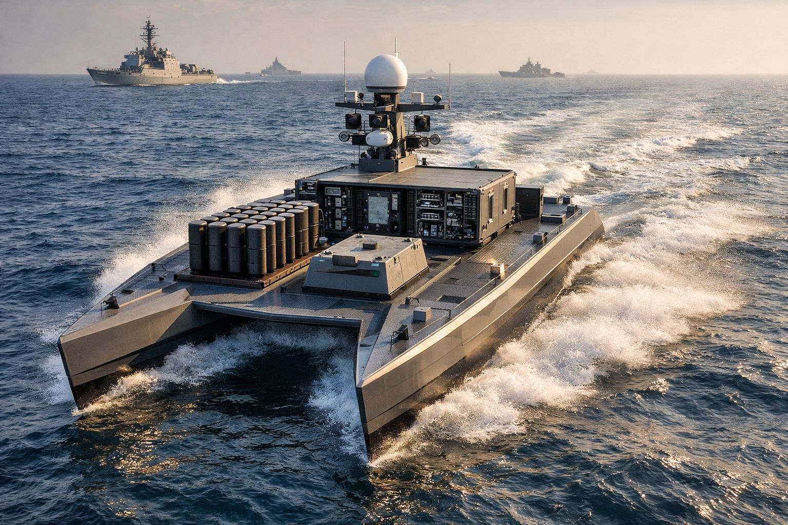 Barco militar não tripulado em mar aberto com outros navios de guerra ao longe em dia nublado.