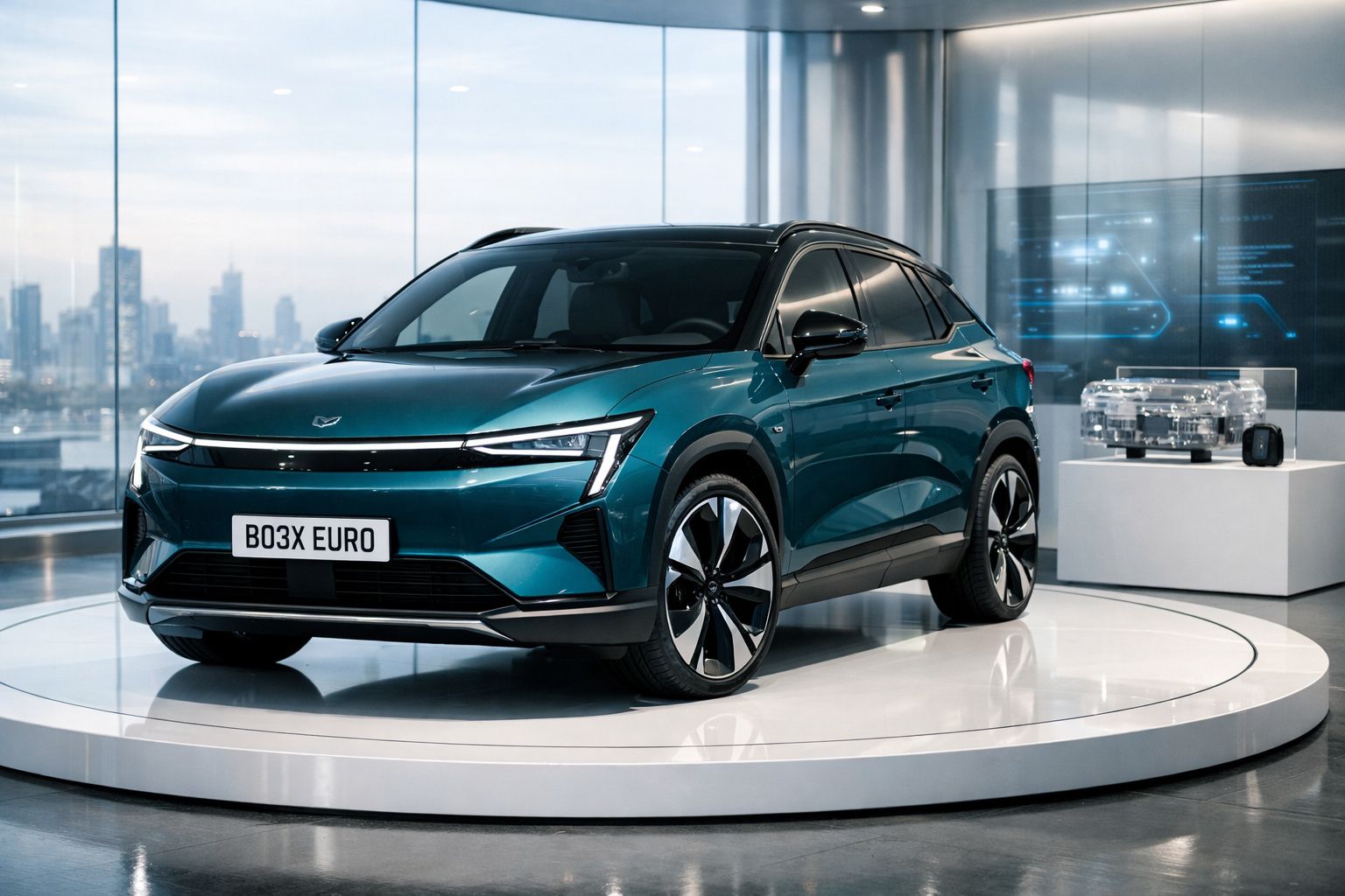 Carro elétrico SUV azul exposto em plataforma redonda num showroom moderno com janelas panorâmicas.