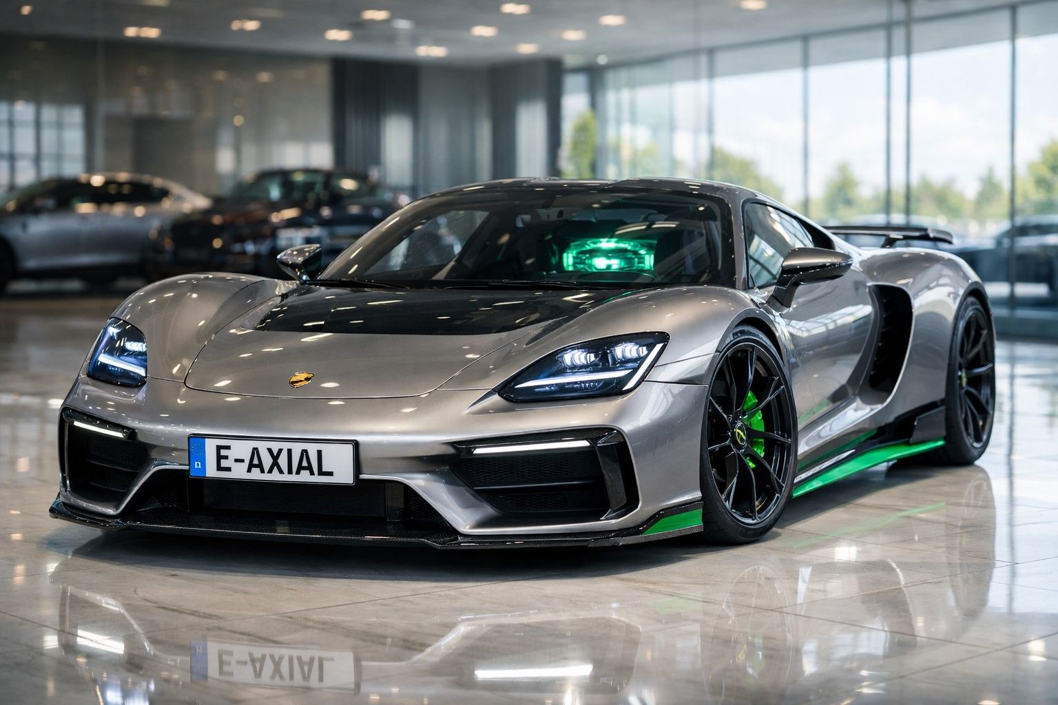 Carro desportivo cinzento com detalhes verdes estacionado numa sala com chão e paredes de vidro.