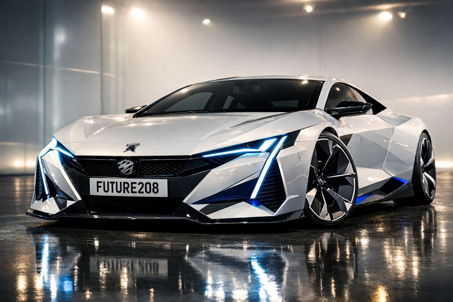 Carro desportivo futurista branco com luzes LED azuis e design angular, estacionado em piso refletor.