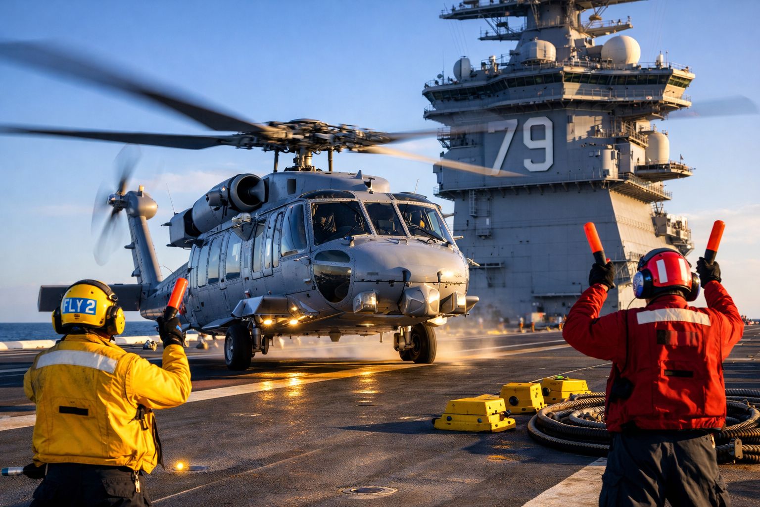 Helicóptero cinzento a pousar no convés de um porta-aviões com dois operadores a orientar a aterragem.
