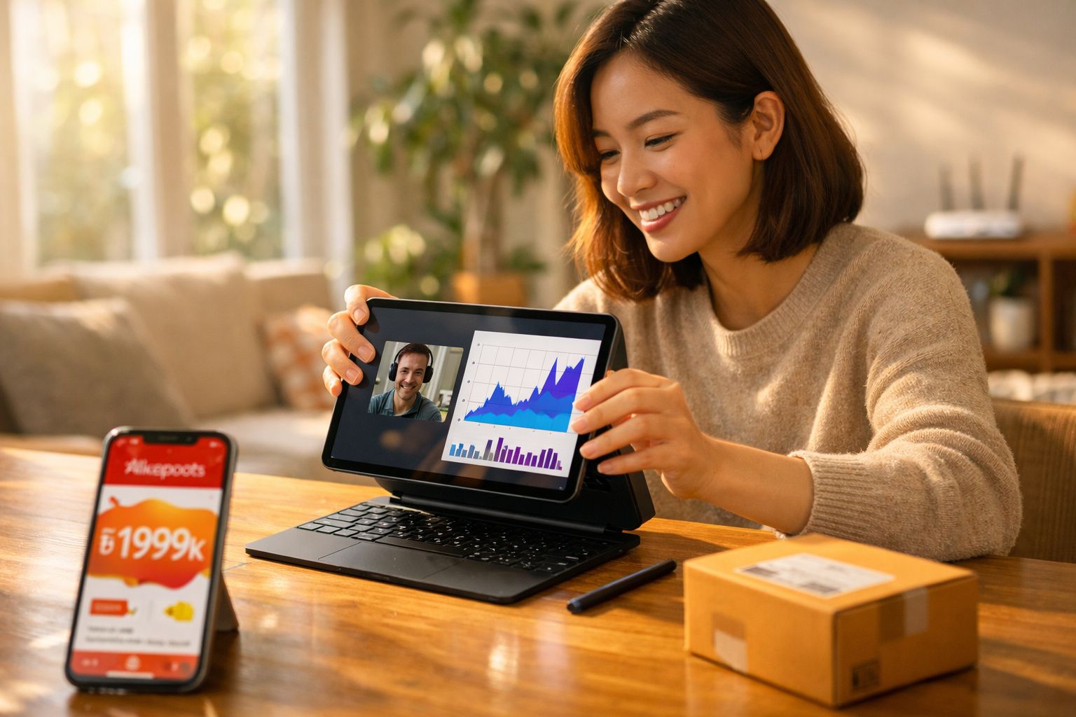 Mulher sorridente mostra gráfico num tablet durante videochamada, com smartphone e encomenda na mesa.