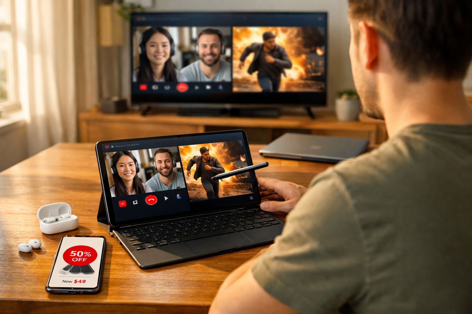 Pessoa usa portátil para vídeo chamada enquanto com fones sem fios e telemóvel na mesa com anúncio de desconto.