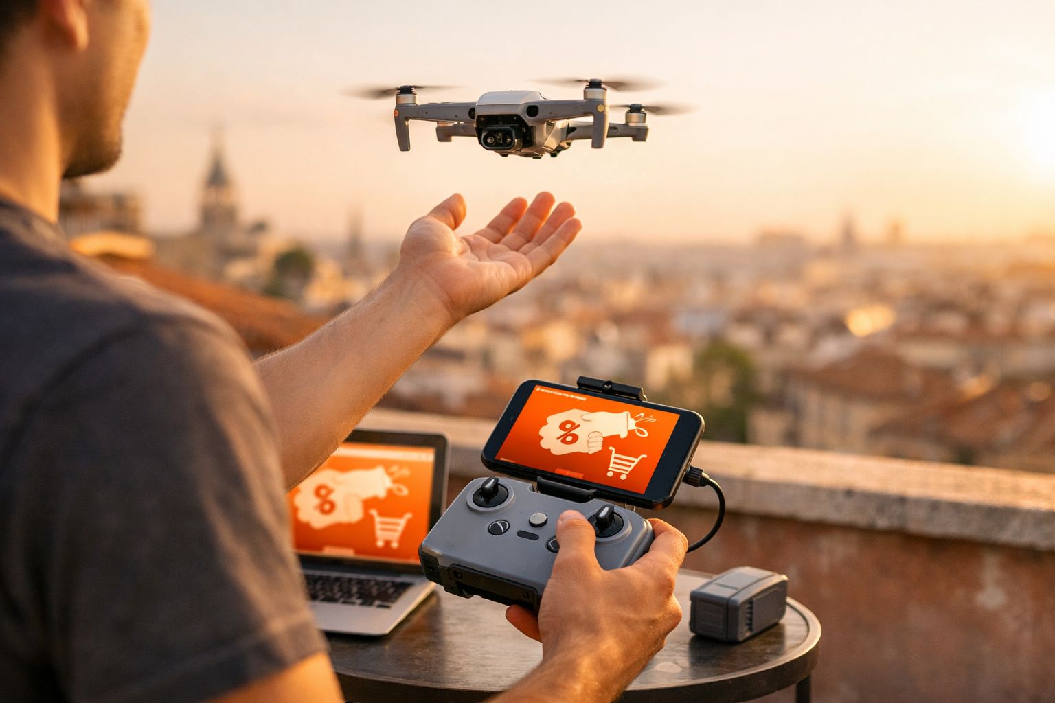 Pessoa a controlar um drone com comando remoto ligado a um telemóvel, ao ar livre, com cidade ao fundo.
