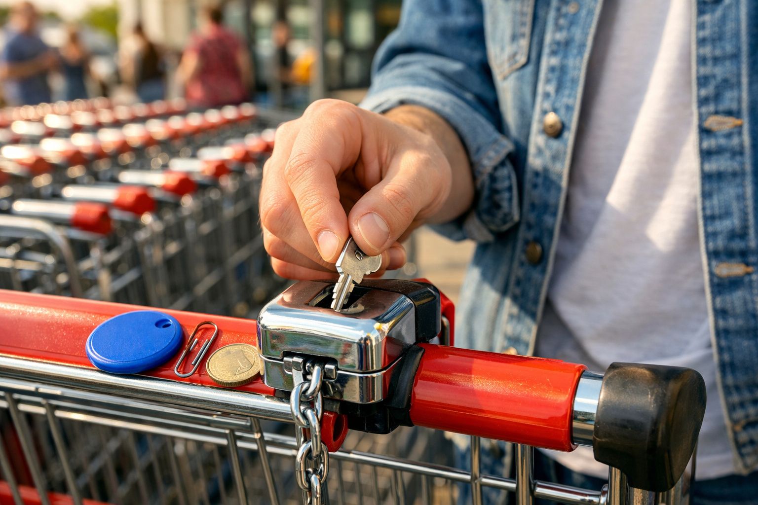 Pessoa a inserir uma chave num carrinho de compras vermelho num estacionamento de supermercado.