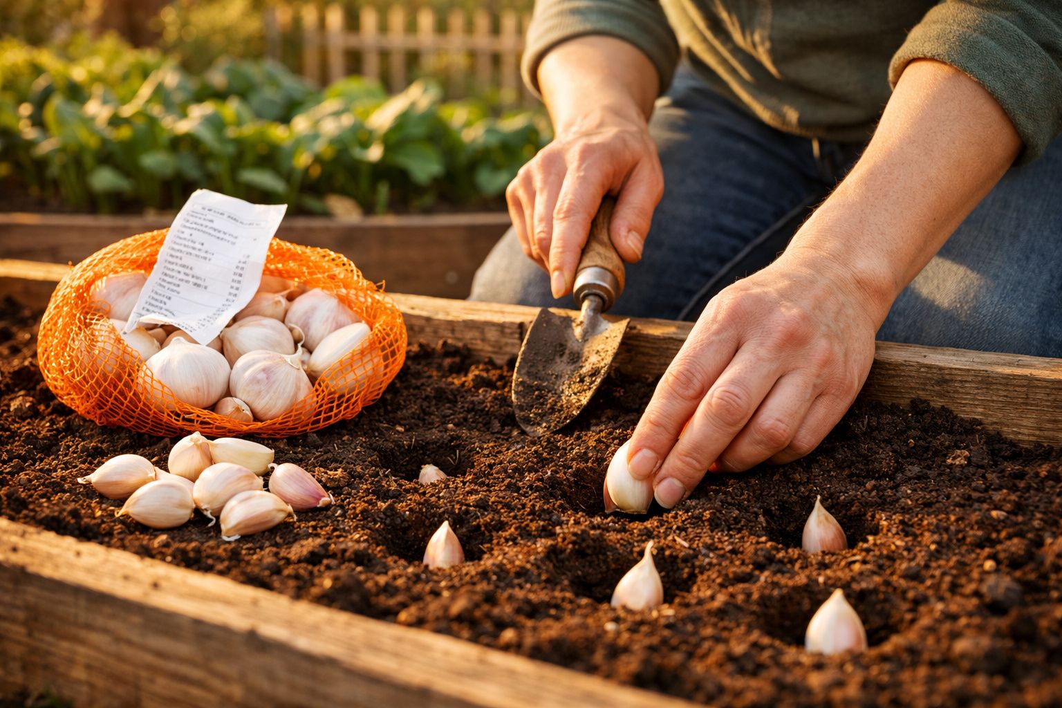 Pessoa a plantar dentes de alho num canteiro de terra com saco de rede laranja ao lado.
