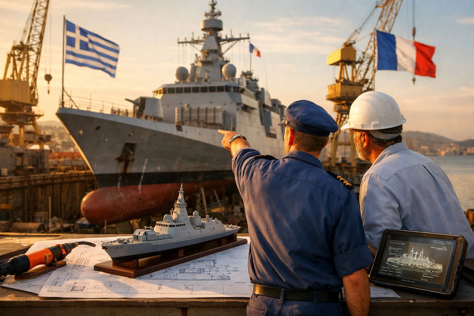 Dois homens, um de uniforme naval e outro com capacete, observam um navio de guerra grego em doca seca ao pôr do sol.