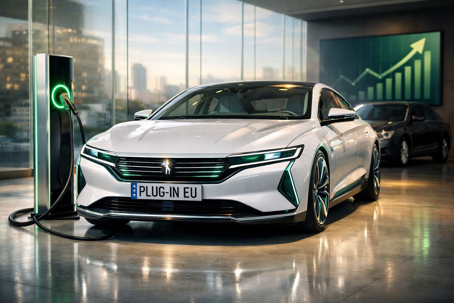Carro elétrico branco a carregar numa estação de carregamento interior, com gráfico de crescimento no fundo.