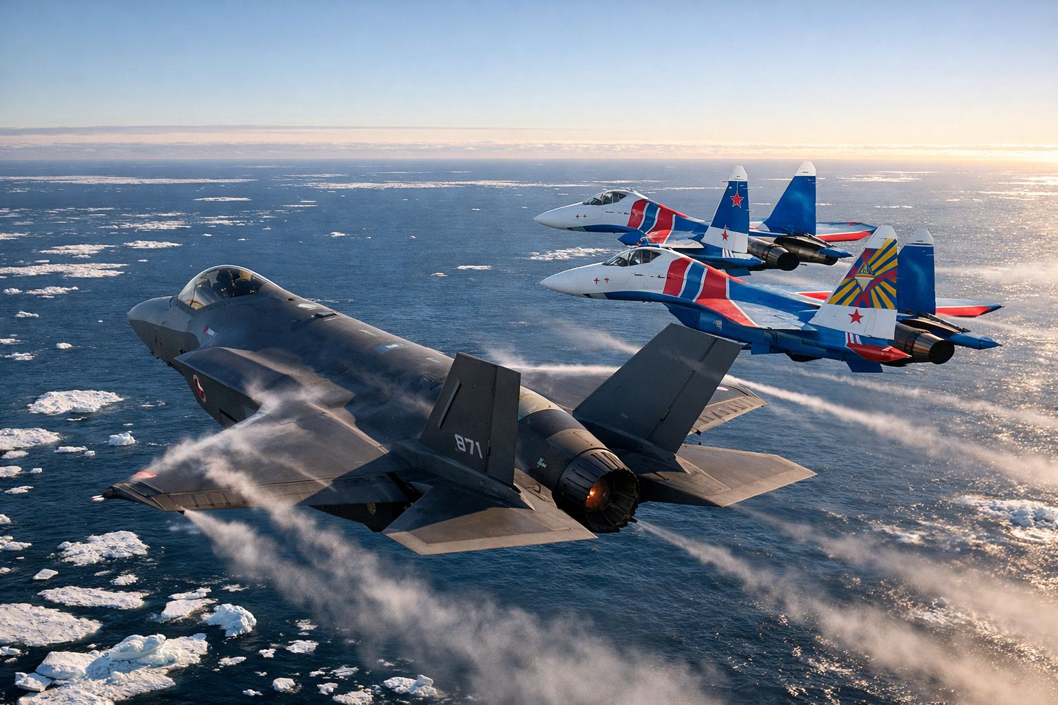Três aviões de combate a voar em formação sobre o mar gelado com gelo flutuante ao pôr do sol.