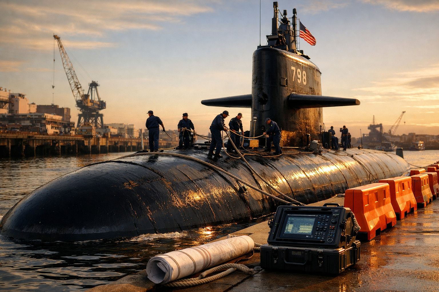 Submarino militar ao pôr do sol com tripulação a trabalhar no convés, em porto industrial.