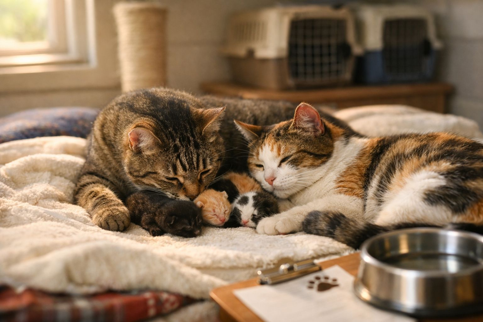 Dois gatos adultos deitados junto a três gatinhos recém-nascidos numa manta confortável, em ambiente doméstico.