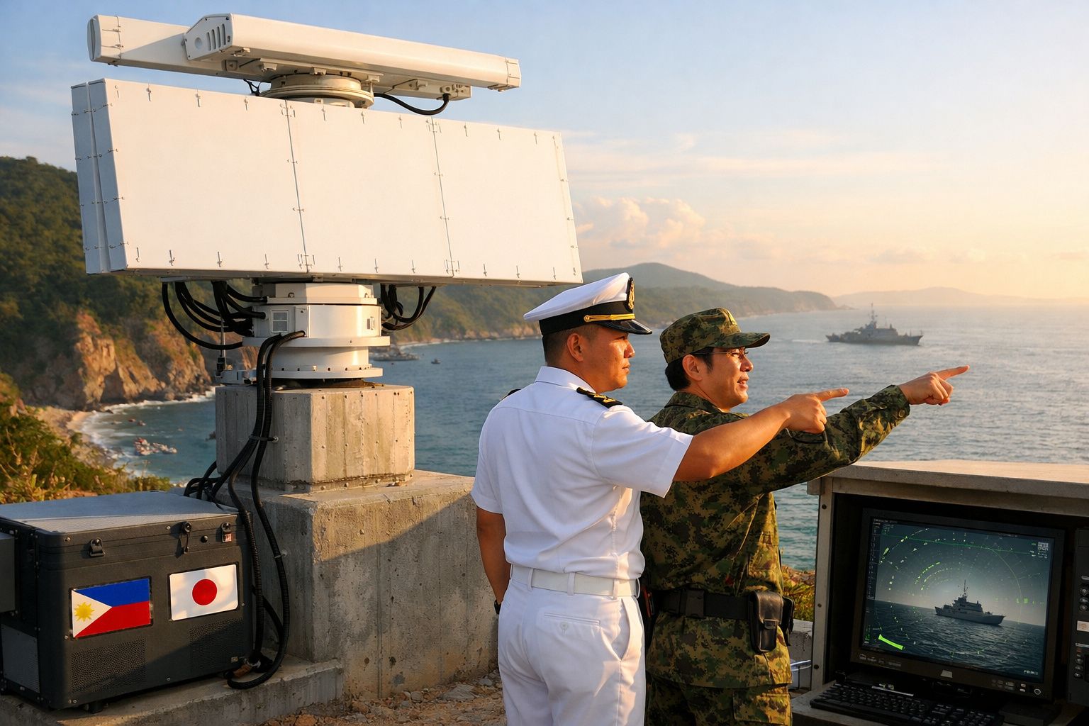 Dois militares, um da marinha filipina e outro do exército japonês, observam o mar junto a equipamento de radar.