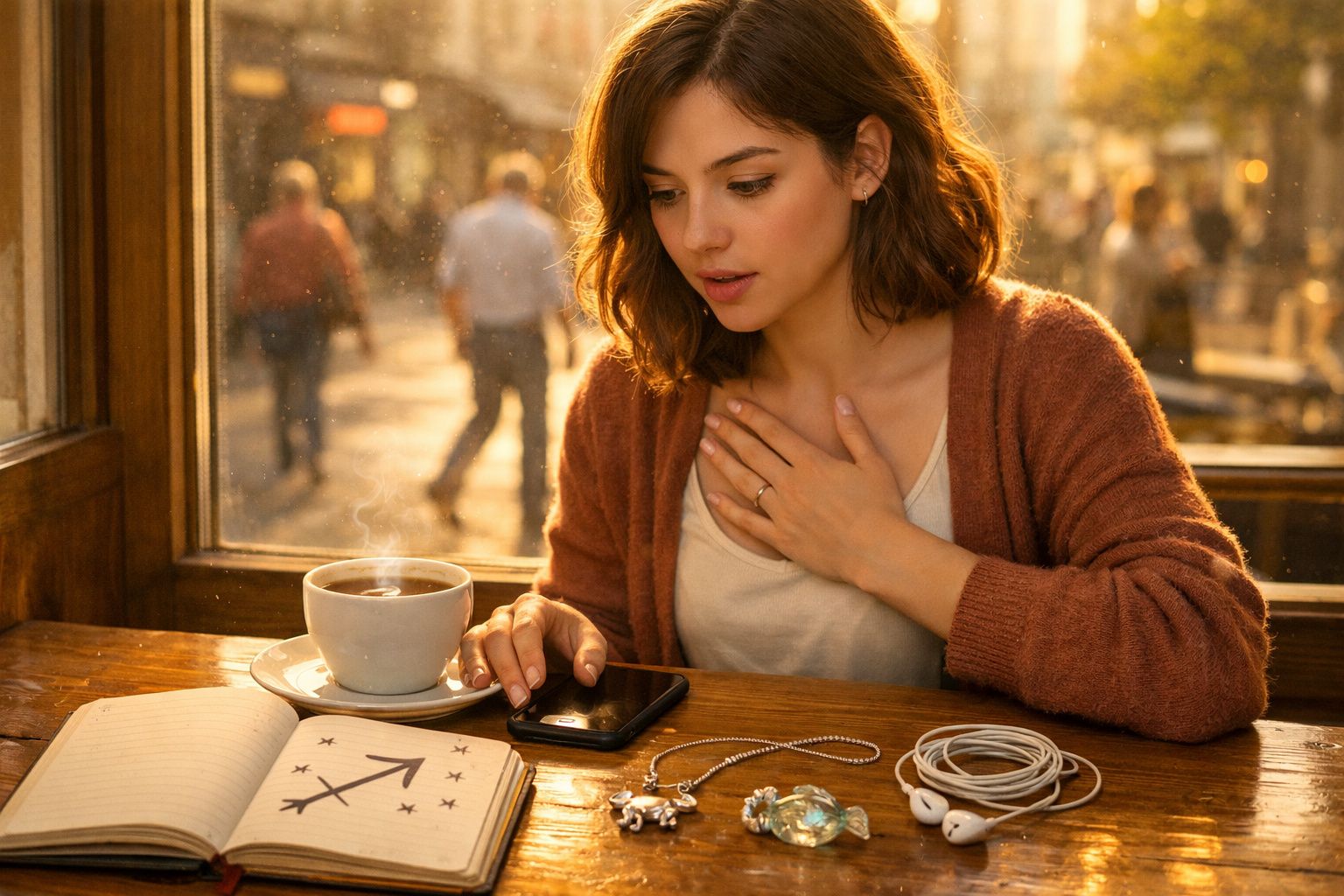 Mulher sentada junto à janela, com café e objetos na mesa, olhando para o telemóvel.