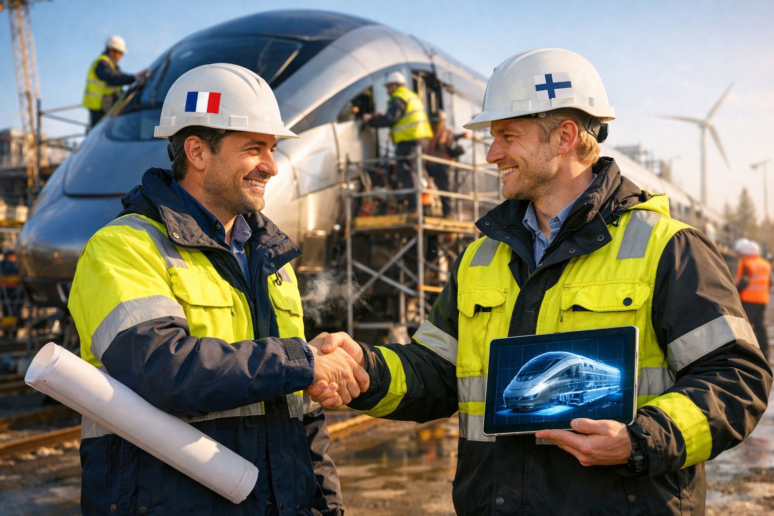 Dois engenheiros com capacetes da França e Finlândia apertam as mãos numa estação ferroviária em construção.