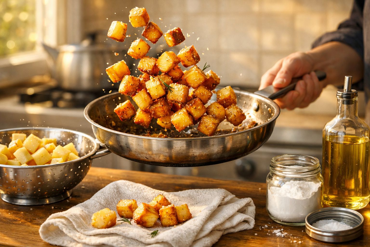 Cubos de batata dourados a saltar numa frigideira, com azeite e farinha ao lado numa cozinha.