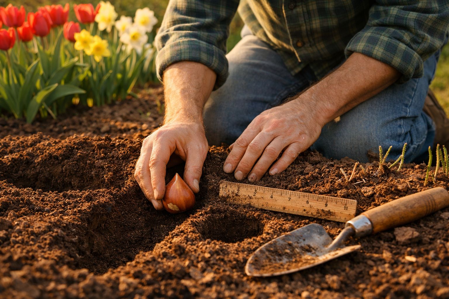 Pessoa a plantar um bulbo de flor na terra com uma régua e uma pequena pá ao lado, flores ao fundo.