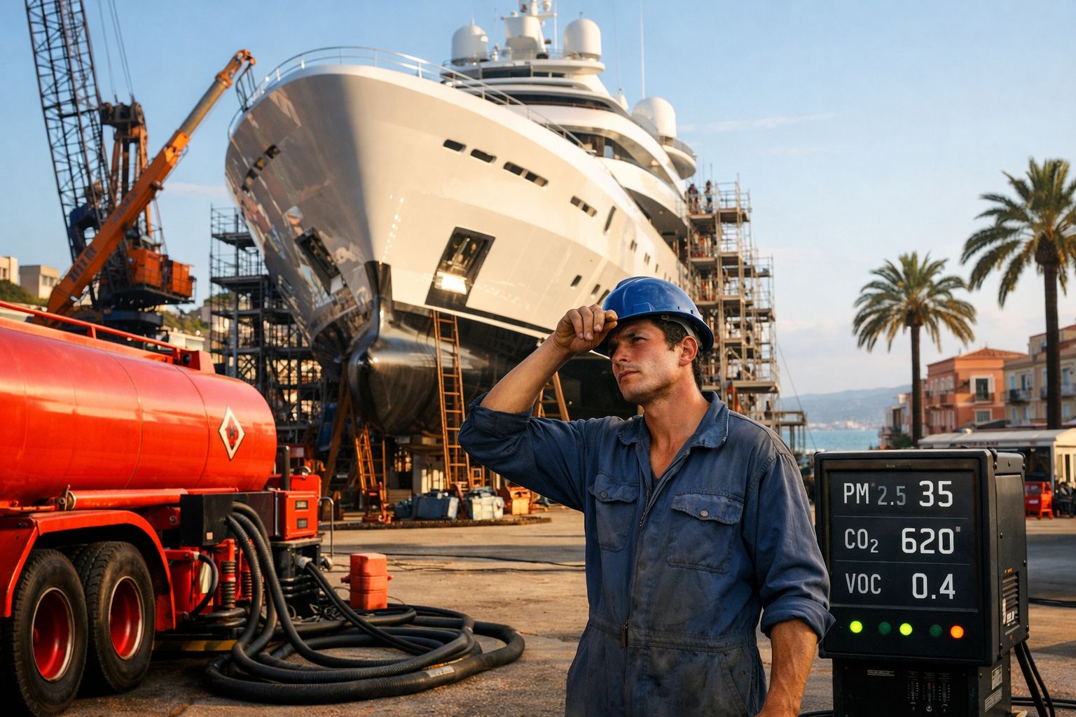 Trabalhador com capacete azul em estaleiro naval junto a iate em manutenção e indicadores de poluição.