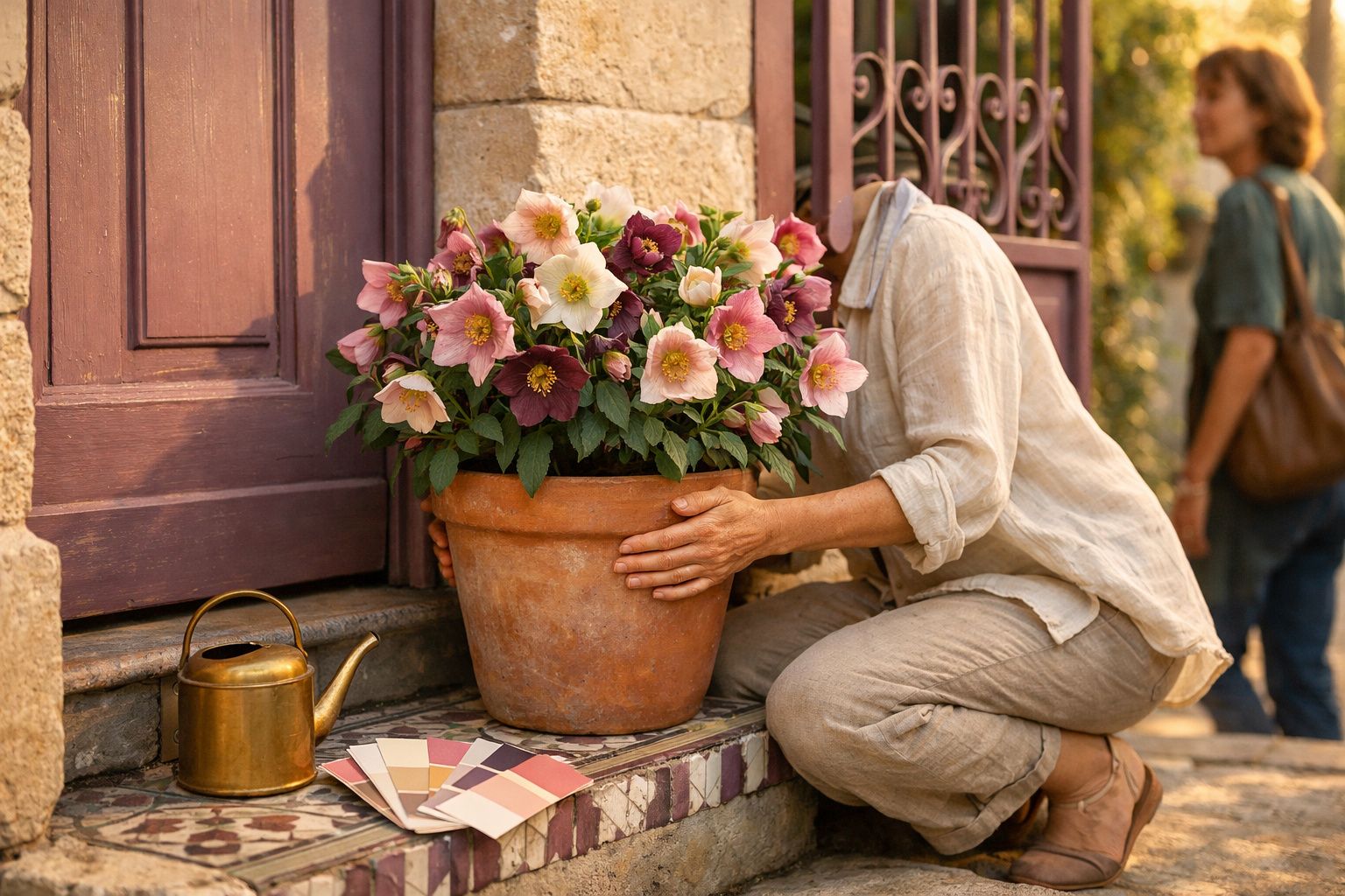 Pessoa a colocar vaso com flores coloridas numa soleira junto a porta em ambiente exterior.