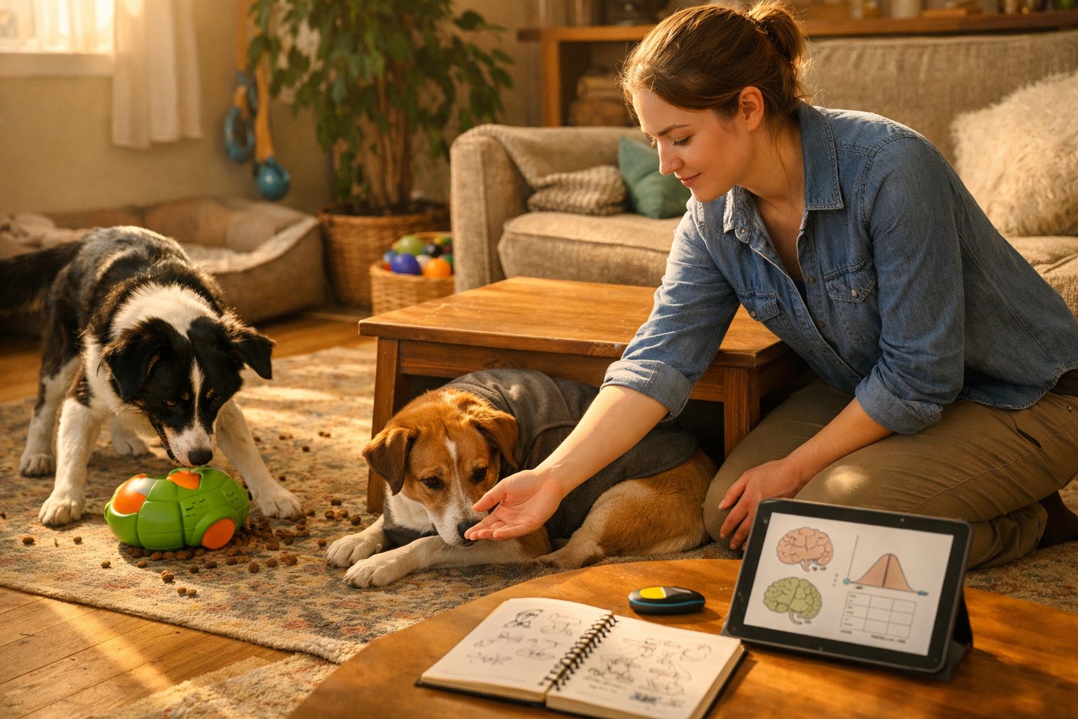 Mulher alimenta cães enquanto estuda sobre cérebro num ambiente acolhedor em casa.
