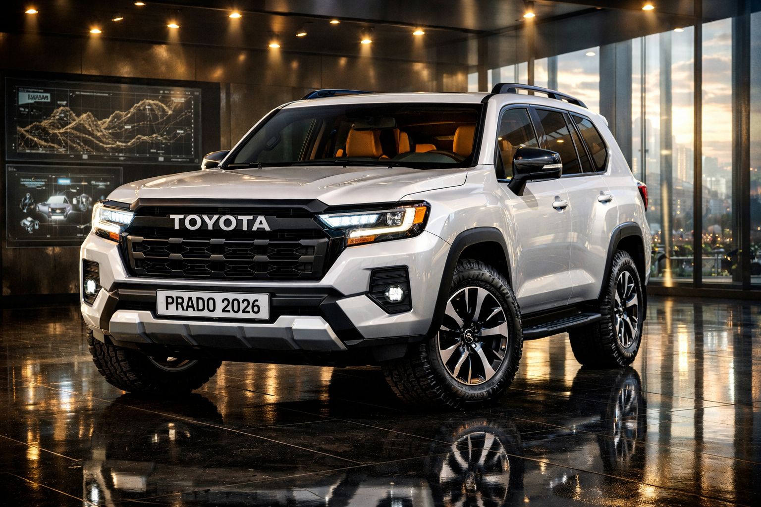 SUV Toyota Prado 2026 branco, estacionado em ambiente interior moderno com janelas panorâmicas.