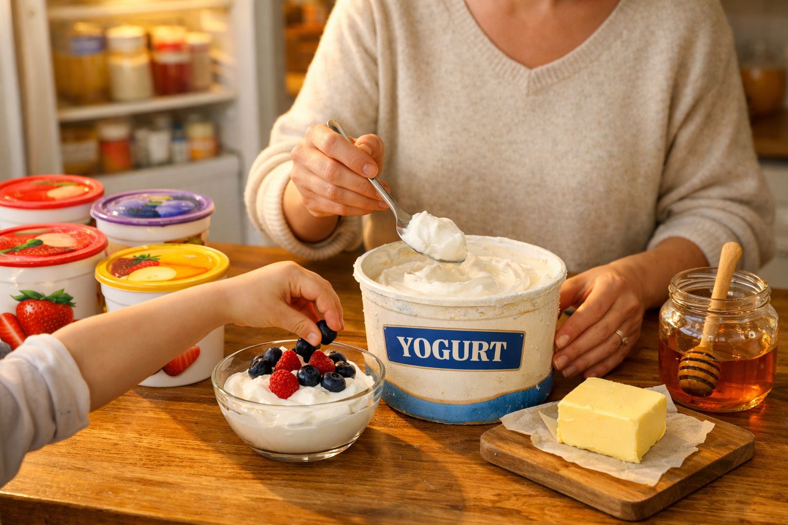 Pessoa a servir iogurte numa taça com frutos vermelhos, amarelo de manteiga e pote de mel numa mesa de madeira.