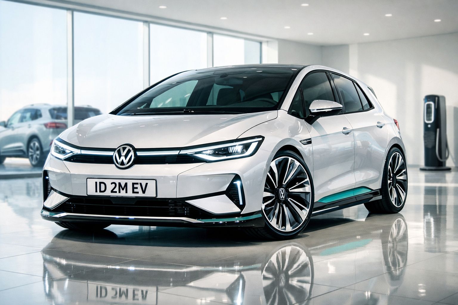 Carro elétrico Volkswagen ID 2 Model EV branco estacionado num showroom moderno.