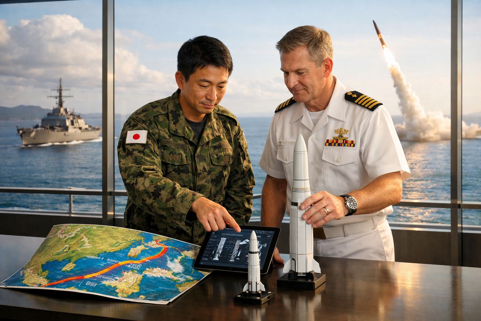Dois militares, um japonês e um americano, analisam mapas e modelos de mísseis com um navio e lançamento de míssil ao fundo.