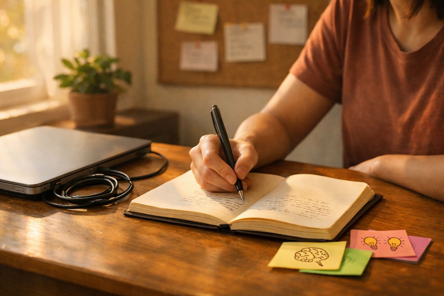 Pessoa a escrever num caderno aberto numa mesa de madeira, com portátil fechado e post-its coloridos ao lado.