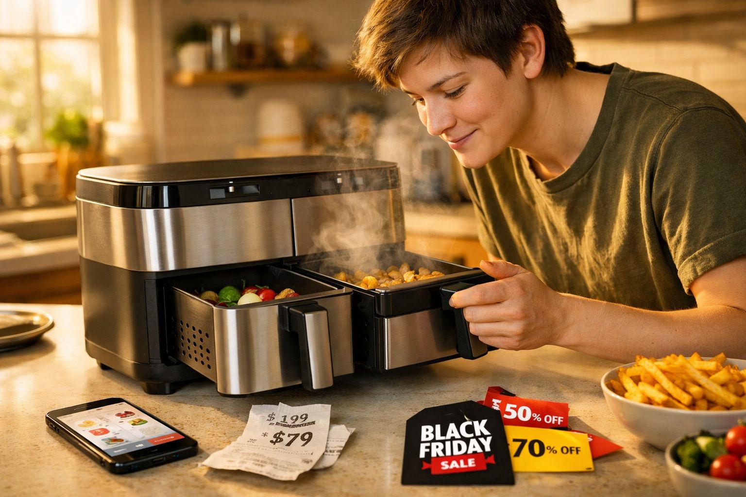 Pessoa a retirar batatas fritas fumegantes de uma fritadeira elétrica dupla na cozinha.