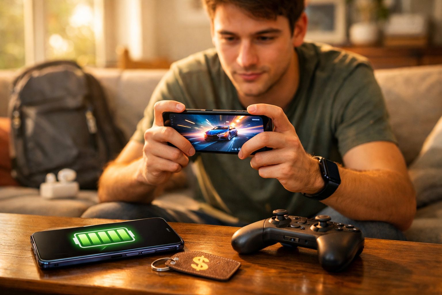 Homem sentado a jogar jogo de corridas num smartphone, com comando e outro telemóvel ao lado na mesa.